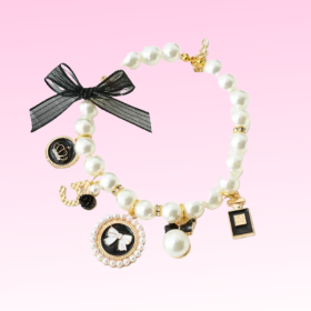 Pearls and Bow Charm Necklace (Color: black, size: small)